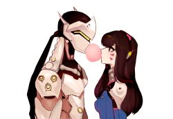 Rule 34 | 1boy, 1girl, armor, black hair, blue bodysuit, blush, bodysuit, breasts, brown eyes, brown hair, blowing bubbles, chewing gum, couple, cyborg, d.va (overwatch), eye contact, facepaint, facial mark, genji (overwatch), headphones, helmet, high collar, long hair, looking at another, mask, mme12165, overwatch, overwatch 1, pilot suit, ponytail, power armor, ribbed bodysuit, shoulder pads, simple background, sketch, skin tight, small breasts, swept bangs, upper body, whisker markings, white background