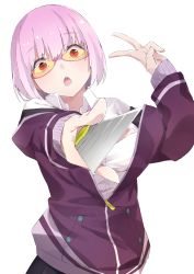 Rule 34 | 10s, 1girl, absurdres, aiming, aiming at viewer, boxcutter, breasts, commentary request, cotton kanzaki, glasses, gridman universe, highres, jacket, large breasts, light purple hair, long sleeves, looking at viewer, off shoulder, open clothes, open mouth, purple jacket, red-framed eyewear, red eyes, school uniform, shinjou akane, shirt, short hair, simple background, solo, ssss.gridman, sunglasses, tinted eyewear, v, white background, white shirt, yellow-tinted eyewear, yellow-tinted glasses