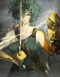 Rule 34 | 1girl, bad id, bad pixiv id, belt, blue eyes, buckle, circlet, curly hair, detached sleeves, dragon quest, dragon quest iv, earrings, electricity, gem, gloves, green hair, grey background, heroine (dq4), jewelry, looking at viewer, sheath, shield, short hair, shrimp platter, smile, smirk, solo, sword, unsheathed, upper body, weapon
