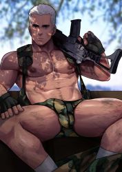 Rule 34 | 1boy, abs, absurdres, bara, black gloves, bulge, camouflage, camouflage pants, camouflage underwear, chest hair, closed mouth, clothes pull, erection, erection under clothes, gloves, gun, highres, holding, holding gun, holding weapon, large pectorals, leg hair, looking at viewer, male focus, male underwear, maorenc, muscular, muscular male, navel, nipples, original, outdoors, pants, pants pull, pectorals, short hair, sky, solo, underwear, weapon, white hair