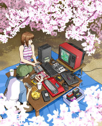 Rule 34 | 1girl, annotation request, baseball cap, black hair, box, brown hair, cherry blossoms, chips (food), commentary, controller, crt, cup, disposable cup, english commentary, famicom, food, from above, game cartridge, game console, game controller, gamepad, gradius, hanami, handheld game console, hat, hitbit, jose salot, keyboard (computer), msx, original, outdoors, partially annotated, pc engine, playing games, potato chips, raglan sleeves, sega mega drive, sharp corporation, short hair, sleeveless, sony, sony hitbit, table, tagme, television, x68000