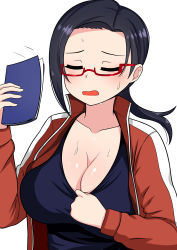 Rule 34 | 1girl, absurdres, black hair, blush, breasts, cleavage, demi-chan wa kataritai, closed eyes, highres, huge breasts, in heat, motion lines, notebook, open mouth, red-framed eyewear, satou sakie, sportswear, sweat, the only shoe, upper body, white background