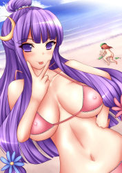 Rule 34 | 2girls, ass, bad id, bad pixiv id, beach, bikini, breasts, brown hair, cleavage, crescent, crescent hair ornament, day, covered erect nipples, female focus, hair ornament, hong meiling, large breasts, long hair, mikan (5555), multiple girls, nude, patchouli knowledge, purple eyes, purple hair, swimsuit, embodiment of scarlet devil, tongue, touhou, v