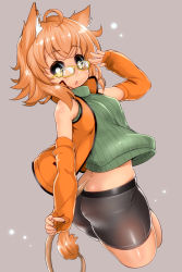 Rule 34 | 1girl, ahoge, animal ears, ass, bike shorts, blonde hair, bright pupils, character request, chestnut mouth, cowboy shot, cropped legs, fingerless gloves, glasses, gloves, highres, hobby (kento), ribbed sweater, short hair, sleeveless, solo, sweater, tail, turtleneck, yellow eyes