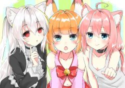 Rule 34 | 3girls, ahoge, animal ear fluff, animal ears, bell, black dress, blue eyes, brown hair, cat ears, chestnut mouth, choker, detached sleeves, dress, finger to face, fox ears, girl sandwich, hair ornament, hairclip, hinata channel, jingle bell, kemomimi oukoku kokuei housou, long hair, low twintails, mikoko (kemomimi oukoku kokuei housou), multiple girls, nekomiya hinata, nora cat, nora cat channel, open mouth, paw pose, pink hair, pink shirt, red eyes, sandwiched, shirt, silver hair, smile, twintails, two side up, upper body, vest, virtual youtuber, white vest