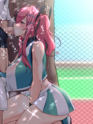 Rule 34 | 1boy, 1girl, azur lane, between legs, black male underwear, blush, boxer briefs, breasts, bremerton (azur lane), bremerton (scorching-hot training) (azur lane), censored, chain-link fence, cleavage, clothes pull, commentary request, cowboy shot, crop top, crop top overhang, diffraction spikes, fellatio, female masturbation, fence, from side, green shirt, green skirt, grey hair, hair between eyes, hair ornament, hairclip, hand between legs, hetero, huge breasts, kneeling, large breasts, long hair, male underwear, masturbation, midriff, mosaic censoring, multicolored hair, oral, out of frame, penis, pink eyes, pink hair, reta su gohan, shade, shirt, shoes, shorts, shorts pull, sidelocks, skirt, sleeveless, sleeveless shirt, sneakers, solo focus, sportswear, standing, streaked hair, sweat, tennis court, tennis uniform, tree, twintails, two-tone hair, two-tone skirt, underwear, wet, wet clothes, wet shirt, white shirt, white skirt