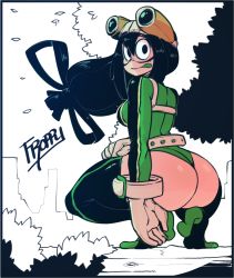 Rule 34 | 10s, 1girl, ass, asui tsuyu, belt, black eyes, blush, boku no hero academia, boots, breasts, character name, colored tongue, curvy, female focus, frog girl, full body, gats (nougats), gloves, goggles, goggles on head, green leotard, green tongue, hair between eyes, hair rings, huge ass, leotard, long hair, looking back, low-tied long hair, medium breasts, shiny skin, solo, squatting, thick thighs, thigh boots, thighhighs, thighs, tiptoes, tongue, tongue out, wind, wind lift
