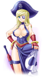 Rule 34 | 1girl, b.jenet, blonde hair, blue eyes, blue nails, bracelet, breasts, covered erect nipples, eyepatch, fatal fury, fingerless gloves, flower, garou: mark of the wolves, gloves, hat, higuchi isami, jenet behrn, jewelry, large breasts, leg up, long hair, nail polish, nipples, no bra, pirate, rose, skull, smile, snk, solo, tattoo, the king of fighters, thigh strap