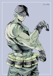 Rule 34 | 1boy, blonde hair, clark still, glasses, gloves, male focus, military, military uniform, muscular, purple background, snk, solo, the king of fighters, uniform