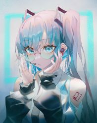 Rule 34 | 1girl, absurdres, bare shoulders, black necktie, blue eyes, blue hair, blue nails, collared shirt, commentary, earbuds, earphones, glasses, hair between eyes, hands up, hatsune miku, highres, long sleeves, looking at viewer, nail polish, necktie, parted lips, puffy long sleeves, puffy sleeves, shirt, sleeves past wrists, solo, turbulence, twintails, upper body, vocaloid, white shirt