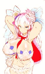 Rule 34 | 1girl, absurdres, armpits, arms behind head, arms up, between breasts, bikini, blue eyes, bow, breasts, cape, cleavage, covered erect nipples, cowboy shot, curvy, flat color, flower, frilled bikini, frills, front-tie top, fur trim, graz, hair between eyes, hair flower, hair ornament, hat, highres, huge breasts, josephine (sengoku collection), light smile, long hair, looking at viewer, mini hat, naughty face, navel, necktie, necktie between breasts, sarong, see-through, sengoku collection, simple background, smile, solo, swimsuit, underboob, very long hair, white background, white bikini, white hair