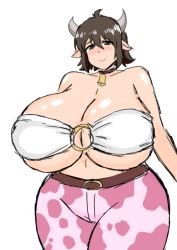 Rule 34 | 1girl, ahoge, blush, breasts, brown hair, cleavage, collar, cow girl, curvy, gigantic breasts, ginny (ishuzoku reviewers), green eyes, highres, horns, huge breasts, ishuzoku reviewers, looking at viewer, smile, solo, thick thighs, thighs, wide hips