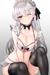 Rule 34 | 1girl, bare shoulders, bikini, black ribbon, black thighhighs, blush, breasts, cleavage, collarbone, earrings, fate/grand order, fate (series), frills, gradient background, grey background, hair ribbon, highres, jewelry, kama (fate), large breasts, long hair, looking at viewer, maid, maid bikini, maid headdress, one eye closed, open mouth, red eyes, ribbon, seiru (prairie), silver hair, swimsuit, thighhighs, unconventional maid, white bikini