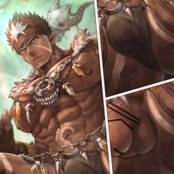 Rule 34 | 1boy, abs, animal skull, bar censor, bara, bare pectorals, black male underwear, brown hair, bulge, censored, collage, feather necklace, flaccid, from below, jewelry, large pectorals, loincloth, looking at viewer, male focus, male pubic hair, male underwear, mature male, multicolored hair, muscular, muscular male, navel, necklace, nipples, paid reward available, pectorals, penis, pubic hair, revealing clothes, paid reward available, short hair, sideburns, spiked hair, stomach, syu0909, tangaroa (housamo), tattoo, thighs, tokyo houkago summoners, tooth necklace, tribal tattoo, two-tone hair, underwear, white hair, yellow eyes