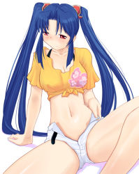 Rule 34 | 1girl, bare legs, blue hair, blush, breasts, cleavage, dolphin hayase, embarrassed, female focus, hair ornament, katatsuka kouji, legs, long hair, looking down, navel, red eyes, short shorts, shorts, solo, spread legs, thighs, twintails, white background, wrestle angels, wrestle angels survivor, wrestle angels survivor 2