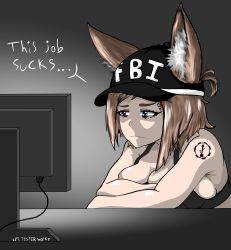 Rule 34 | absurdres, angry, animal ears, blue eyes, breasts, brown hair, cleavage, computer, cpt.tester works, crossed arms, cyborg, desk, fbi, hat, highres, large breasts, purple eyes, sad, tank top, tattoo, thought bubble, upset, wolf ears