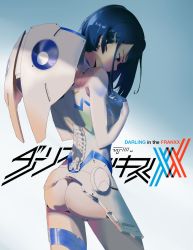 Rule 34 | 1girl, ass, blue hair, bob cut, bodysuit, breasts, copyright name, cowboy shot, darling in the franxx, facing away, from behind, frown, furrowed brow, gradient background, green eyes, hair ornament, hairclip, hand on own chest, highres, ichigo (darling in the franxx), jabekun, looking down, pilot suit, short hair, sidelocks, small breasts, solo, standing, tearing up, translated, white background, white bodysuit