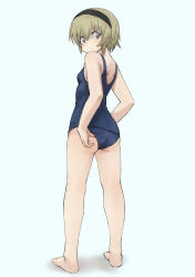 Rule 34 | 1girl, adjusting clothes, adjusting swimsuit, ass, back, blue background, blue one-piece swimsuit, blush, breasts, brown eyes, brown hair, female focus, full body, hair between eyes, hairband, hand on own hip, highres, jashin-chan dropkick, k-go, kneepits, looking back, one-piece swimsuit, pekora (jashin-chan dropkick), short hair, simple background, small breasts, solo, standing, swimsuit, white background, wide-eyed