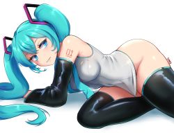 Rule 34 | 1girl, arm support, blue eyes, blue hair, bottomless, breasts, dako (dakosito), groin, hatsune miku, highres, legs together, lying, medium breasts, on side, solo, thighhighs, thighs, twintails, vocaloid