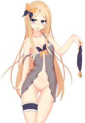 Rule 34 | 1girl, abigail williams (fate), absurdres, blonde hair, blush, bow, breasts, cowboy shot, fate/grand order, fate (series), female focus, gluteal fold, hair bow, highres, holding, holding clothes, holding panties, holding underwear, jitome, long hair, looking away, nightgown, nipples, no panties, orange bow, panties, unworn panties, pink eyes, pussy, see-through, shizuku tsuki (2421424977), shoulder blush, simple background, single bare shoulder, small breasts, solo, thigh gap, thigh strap, tongue, tongue out, uncensored, underwear, white background