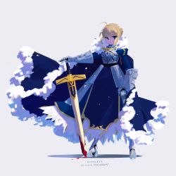 Rule 34 | 1girl, ahoge, aiguillette, armor, armored boots, artoria pendragon (all), artoria pendragon (fate), blonde hair, blood, blood on face, blue cape, boots, braid, braided bun, breastplate, cape, character name, closed mouth, commentary request, dated, fate/grand order, fate (series), full body, fur-trimmed cape, fur trim, gauntlets, grey background, hair bun, highres, looking at viewer, marina (mrn9), saber (fate), sidelocks, simple background, solo, standing, sword, weapon