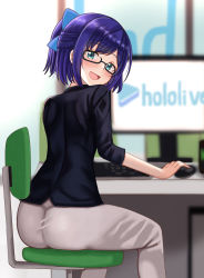 Rule 34 | 1girl, a-chan (2nd costume) (hololive), a-chan (hololive), absurdres, ass, black-framed eyewear, black shirt, blue bow, blue eyes, blush, bow, chair, commentary request, computer, glasses, hair bow, highres, hololive, keyboard (computer), long sleeves, mouse (computer), nootomo, office chair, purple hair, shirt, short hair, sitting, swivel chair, virtual youtuber