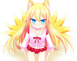 Rule 34 | 1girl, :3, akaboshi no kyuubiko, animal ear fluff, animal ears, barefoot, blonde hair, blue eyes, blush, closed mouth, collarbone, female focus, flat chest, fox ears, fox tail, from above, gluteal fold, groin, kitsune, kyuubi, long hair, long sleeves, looking at viewer, lord of walkure, microskirt, multiple tails, navel, short eyebrows, simple background, sitting, skirt, solo, swimsuit, tail, thick eyebrows, toes, v-shaped eyebrows, wariza, white background