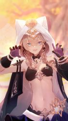 Rule 34 | 1girl, :d, animal hood, black bra, black cape, blue eyes, blurry, bra, bracelet, braid, breasts, brown hair, cape, cat hood, character request, chinese commentary, commentary request, cowboy shot, detached collar, fang, gloves, gold, groin, hands up, highres, honkai (series), honkai impact 3rd, hood, jewelry, medium hair, navel, open mouth, paw pose, senin liku, skin fang, small breasts, smile, solo, standing, sunlight, tree, twin braids, underwear, white hood