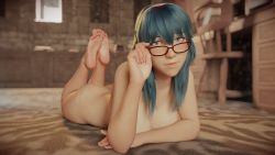 Rule 34 | 1girl, 3d, adjusting eyewear, ass, barefoot, blender (medium), blue eyes, blue hair, blurry, blush, breasts, byleth (female) (fire emblem), byleth (fire emblem), carpet, chair, cleavage, completely nude, depth of field, desk, feet, fire emblem, fire emblem: three houses, glasses, hair between eyes, hairband, hand up, highres, j9006, long hair, looking at viewer, lying, nintendo, nude, on stomach, red hairband, soles, solo, the pose, thighs, toes, window