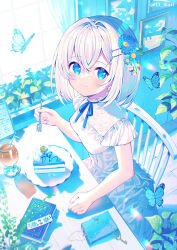 Rule 34 | 1girl, animal, bendy straw, blue eyes, blue flower, book, bookmark, breasts, bug, butterfly, cake, cake slice, closed mouth, commentary request, cup, curtains, day, dress, drinking glass, drinking straw, flower, food, fork, grey hair, hair between eyes, hair flower, hair intakes, hair ornament, hairclip, highres, holding, holding fork, ikari (aor3507), indoors, insect, key, looking at viewer, looking to the side, on chair, original, plate, small breasts, smile, solo, sunlight, table, twitter username, white dress, window, wooden floor