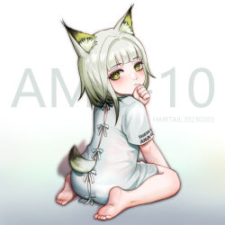 Rule 34 | 1girl, aged down, animal ear fluff, animal ears, arknights, barefoot, closed mouth, commentary request, from behind, gradient background, grey background, grey hair, hair intakes, hairtail, hand up, highres, hospital gown, kal&#039;tsit (arknights), looking at viewer, looking back, short sleeves, soles, solo, tail, white background