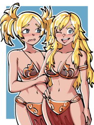 Rule 34 | 2girls, armlet, armor, bare shoulders, bikini armor, blonde hair, blue eyes, blush, breasts, cleavage, collarbone, commentary, cosplay, english commentary, female focus, fingernails, fire emblem, fire emblem awakening, fire emblem fates, furrowed brow, grandmother and granddaughter, hand on own hip, highres, lissa (fire emblem), loincloth, long hair, looking at another, medium breasts, mnejing30, multiple girls, navel, nintendo, nose blush, one eye closed, open mouth, ophelia (fire emblem), outline, parted bangs, princess leia organa solo, princess leia organa solo (cosplay), short hair, star wars, star wars: return of the jedi, stomach, twintails, wavy mouth, white outline, wink