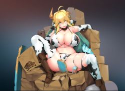 Rule 34 | 1girl, ahoge, animal ears, animal print, bell, bikini, blonde hair, blush, boots, box, breasts, cardboard box, choker, cleavage, collar, cow ears, cow girl, cow horns, cow print, cowbell, curvy, ear tag, elbow gloves, elf, elven forest maker, elven forest maker (last origin), feet out of frame, full body, game cg, glass, gloves, green hair, hair intakes, horns, huge breasts, last origin, licking lips, long hair, looking at viewer, milk, milk churn, multicolored hair, navel, neck bell, nipples, official art, pointy ears, pulled by self, sign, sitting, smile, snowball22, solo, strap pull, swimsuit, symbol-shaped pupils, tachi-e, thighhighs, tongue, tongue out, torn clothes, transparent background, two-tone hair