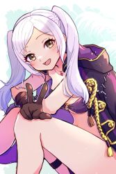 Rule 34 | 1girl, :d, bikini, breasts, brown gloves, brown hair, fire emblem, fire emblem awakening, fire emblem heroes, gloves, gogatsu (yeaholiday), jacket, jacket on shoulders, jewelry, long hair, looking at viewer, medium breasts, necklace, nintendo, o-ring, o-ring bikini, official alternate costume, open mouth, parted bangs, purple bikini, robin (female) (fire emblem), robin (female) (summer) (fire emblem), robin (fire emblem), smile, solo, swimsuit, thigh strap, twintails, w, white hair