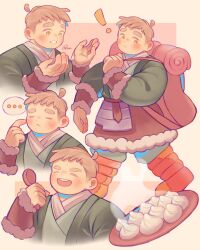 Rule 34 | !, ..., 1boy, artist name, backpack, bag, boots, brown hair, closed eyes, closed mouth, commentary, dumpling, dungeon meshi, dwarf, english commentary, food, full body, hand up, hands up, highres, holding, holding spoon, laios touden, laios touden (dwarf), long sleeves, looking at viewer, male focus, multiple views, open mouth, orange background, orange footwear, pan (pan p), short hair, spoken ellipsis, spoon, thick eyebrows, very short hair, walking, yellow background, yellow eyes