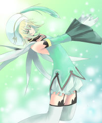 Rule 34 | .hack//, .hack//g.u., .hack//games, 00s, 1girl, aoi tsuki hasu, atoli, atoli (.hack//), bandai, beret, blonde hair, bloomers, cyber connect 2, detached sleeves, dress, garter straps, green background, green dress, hat, long sleeves, looking at viewer, outstretched arm, short hair, simple background, solo, thighhighs, underwear, white bloomers, white thighhighs, zettai ryouiki