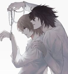 Rule 34 | 2boys, 8knff, ahoge, black hair, brown hair, chain, collared shirt, cuffs, death note, hair between eyes, hand on another&#039;s shoulder, hand up, handcuffs, highres, l (death note), long sleeves, male focus, messy hair, multiple boys, parted lips, shirt, short hair, upper body, white background, white shirt, yagami light, yaoi