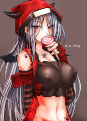 Rule 34 | 1girl, bat wings, belt, blush, borrowed character, breasts, brown background, candy, character name, chloe fleurage, covered erect nipples, dog tags, elbow gloves, food, frown, gloves, highres, hood, hoodie, large breasts, lollipop, long hair, looking at viewer, midriff, navel, nipples, no bra, original, paw print, red eyes, shiny clothes, shiny skin, simple background, sketch, solo, standing, striped, taishi (picchiridou), tattoo, text focus, white hair, wings