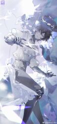 Rule 34 | 1boy, aoseagrass, bishounen, black hair, blue eyes, character request, copyright request, cowboy shot, gauntlets, highres, holding, holding knife, jewelry, knee guards, knife, looking at viewer, male focus, neckerchief, necklace, open mouth, short hair, solo, sparkle, white neckerchief