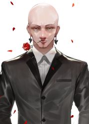 Rule 34 | 1boy, bad id, bad pixiv id, bald, black jacket, brown eyes, closed mouth, collared shirt, commentary request, dokomon, dress shirt, earrings, eyebrows, facial hair, flower, flower in mouth, formal, highres, jacket, jewelry, korean commentary, looking at viewer, male focus, original, petals, red flower, red rose, rose, shirt, simple background, solo, stubble, suit, upper body, white background, white shirt