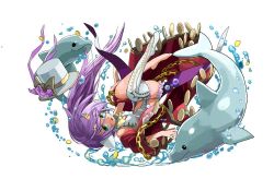 Rule 34 | 1girl, adachi yousuke, animal, animal ears, aqua eyes, bare shoulders, bow, chain, coin, dolphin, hat, headdress, leotard, long hair, looking at viewer, official art, open mouth, pointy ears, ponytail, purple hair, puzzle &amp; dragons, robe, ruka (p&amp;d), side ponytail, single thighhigh, solo, thighhighs, top hat, water, white thighhighs, yellow bow