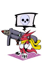 Rule 34 | 1other, absurdres, digimon, digimon (creature), headphones, highres, other focus, rocket launcher, rpg (weapon), scarf, shoutmon king ver., solo, tail, weapon