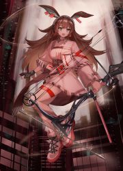 Rule 34 | 1girl, animal ears, april (arknights), arknights, black gloves, blue eyes, bow (weapon), breasts, brown hair, compound bow, earclip, fingerless gloves, floating, full body, gloves, headphones, highres, holding, holding bow (weapon), holding weapon, implied extra ears, jacket, long hair, long sleeves, medium breasts, night, open clothes, open jacket, outdoors, rabbit ears, rabbit girl, ruyu (txzy22), shirt, shoes, single glove, socks, solo, thigh strap, very long hair, weapon, white footwear, white jacket, white shirt, white socks