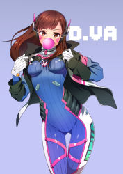 Rule 34 | 1girl, acronym, animal print, armor, blue background, blue bodysuit, bodysuit, boots, bracer, breasts, breasts apart, brown eyes, brown hair, blowing bubbles, character name, chewing gum, clothes writing, cowboy shot, d.va (overwatch), facepaint, facial mark, gloves, gluteal fold, hands up, headphones, highres, jacket, legs together, long hair, long sleeves, medium breasts, open clothes, open jacket, overwatch, overwatch 1, pauldrons, pilot suit, rabbit print, ribbed bodysuit, shoulder armor, shoulder pads, simple background, skin tight, solo, sumino akasuke, thigh boots, thigh gap, thighhighs, turtleneck, whisker markings, white footwear, white gloves