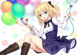 Rule 34 | 1girl, ahoge, artoria pendragon (all), artoria pendragon (fate), balloon, black bow, black neckwear, black ribbon, blonde hair, blue dress, boots, bow, brown footwear, cross-laced footwear, dress, fate/grand order, fate/unlimited codes, fate (series), green eyes, hair bow, highres, holding, holding balloon, long sleeves, looking at viewer, open mouth, ribbon, saber lily, saber lily (festival outfit) (fate), shino skk, short hair, sitting, smile, solo