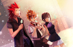 Rule 34 | 1girl, 2boys, absurdres, axel (kingdom hearts), black hair, blonde hair, food, highres, ice cream, kingdom hearts, kingdom hearts iii, lens flare, miyama ramune, multiple boys, open mouth, popsicle, popsicle stick, red hair, roxas, skirt, smile, sparkle, spiked hair, sunlight, walking, xion (kingdom hearts)