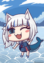 Rule 34 | 1girl, absurdres, animal ear fluff, animal ears, blue eyes, blue hair, cat ears, chibi, fang, fins, fish tail, full body, gawr gura, gawr gura (casual), highres, hololive, hololive english, kemonomimi mode, looking at viewer, multicolored hair, official alternate costume, one eye closed, open mouth, porko, riyo (lyomsnpmp) (style), shark tail, silver hair, solo, tail, twitter username, virtual youtuber