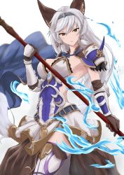 Rule 34 | 10s, 1girl, absurdres, animal ears, armor, belt, boots, braid, brown eyes, cape, contrapposto, erune, gloves, granblue fantasy, heles, highres, kou v05first, long hair, looking at viewer, magic, polearm, serious, shoulder armor, silver hair, simple background, single braid, solo, pauldrons, standing, thigh boots, thighhighs, vambraces, weapon, white background