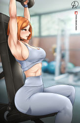 Rule 34 | 1girl, absurdres, almualim, armpits, artist name, bare shoulders, breasts, brown eyes, brown hair, choker, cleavage, exercising, gym, gym uniform, highres, jujutsu kaisen, kugisaki nobara, large breasts, muscular, muscular female, pants, parted lips, short hair, sideboob, sitting, solo, sports bra, stomach, sweat, thighs, weightlifting, weights, workout clothes, yoga pants