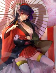 Rule 34 | 1girl, black hair, blush, breasts, cleavage, eyebrows, hair ornament, highres, japanese clothes, long sleeves, looking at viewer, oil-paper umbrella, original, red eyes, revision, sarashi, settyaro, skirt, smile, solo, thighhighs, umbrella, white thighhighs, wide sleeves, zettai ryouiki